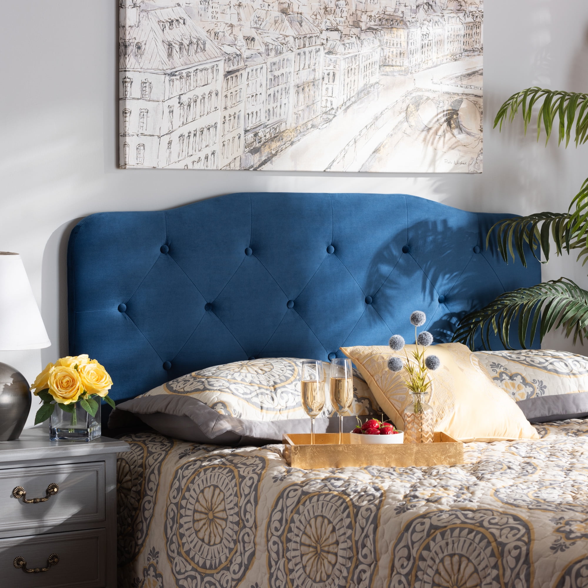 Baxton Studio Gregory Modern and Contemporary Navy Blue Velvet Fabric Upholstered King Size Headboard
