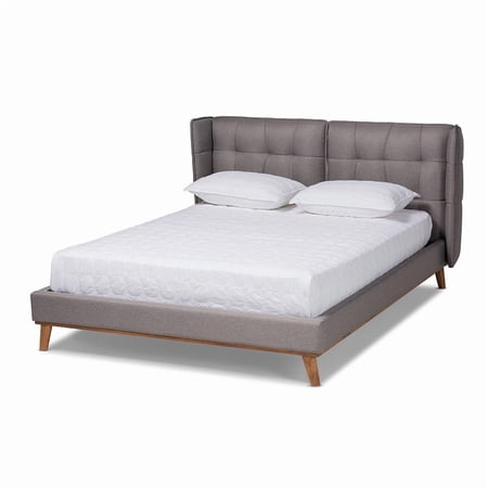 Baxton Studio Gretchen Modern and Contemporary Grey Fabric Upholstered and Walnut Brown Finished Wood Queen Size Platform Wingback Bed