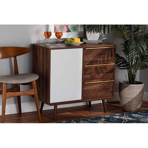 Baxton Studio Grover Mid-Century Modern Two-Tone Cherry Brown and White Finished Wood 1-Door Sideboard Buffet