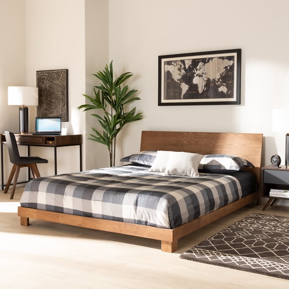 Baxton Studio Haines Contemporary/Modern Engineered Wood Back Support Platform Bed, Full, Walnut Brown