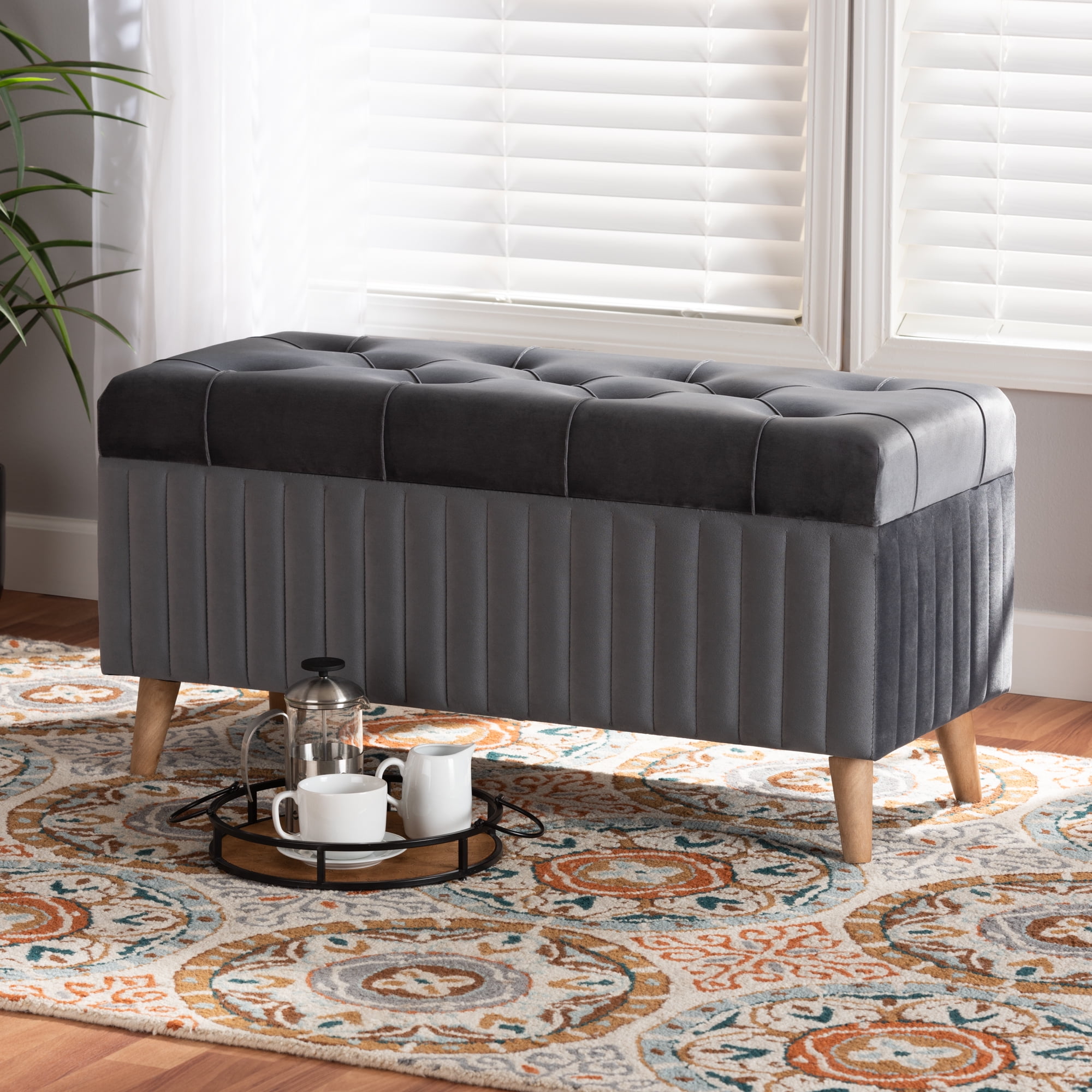 Baxton Studio Hanley Modern and Contemporary Grey Velvet Fabric Upholstered and Walnut Brown Finished Wood Storage Ottoman