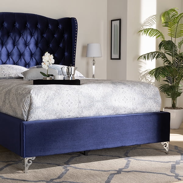 Luxurious Navy Blue Velvet Queen Bed with Tufted Wingback Headboard