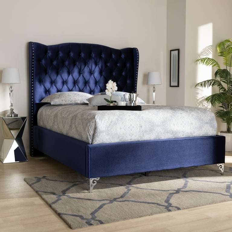 Baxton Studio Hanne Glam and Luxe Purple Blue Velvet Fabric Upholstered King Size Wingback Bed Baxton Studio Hanne Glam and Luxe Purple Blue Velvet Fabric Upholstered King Size Wingback Bed