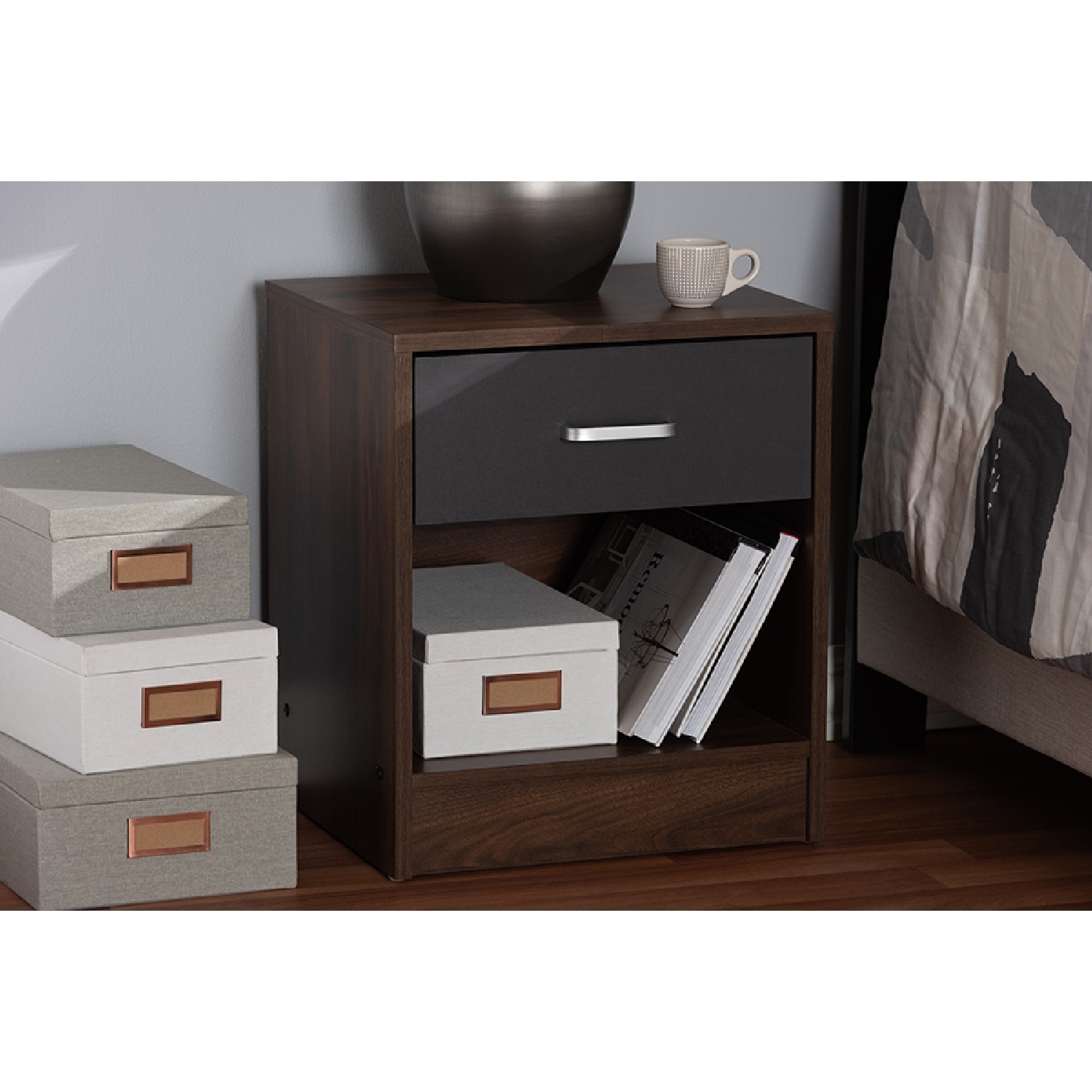 Baxton Studio Hansel Modern and Contemporary 1-Drawer Dark Brown and Dark Grey Finished Nightstand - image 1 of 7