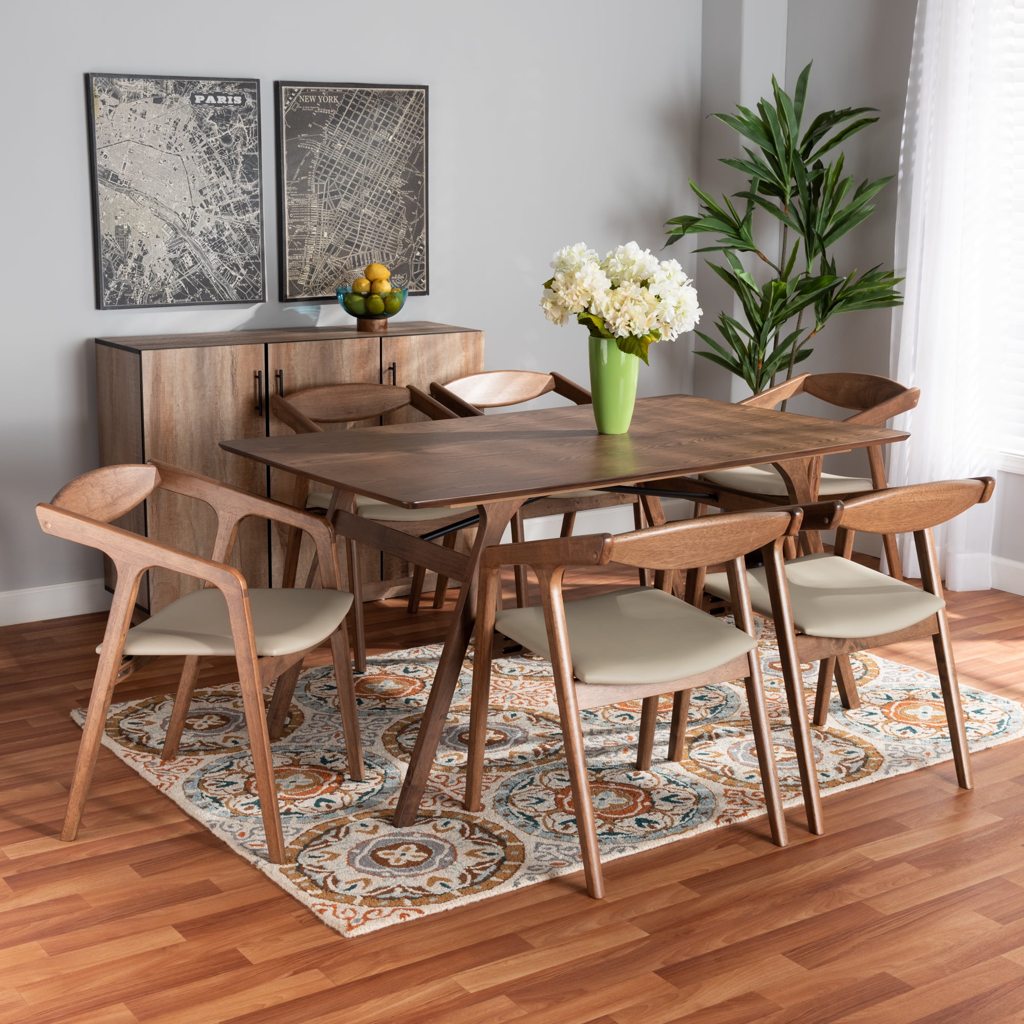 Baxton Studio Harland Mid-Century Modern Grey Faux Leather Upholstered and Walnut Brown Finished Wood 7-Piece Dining Set