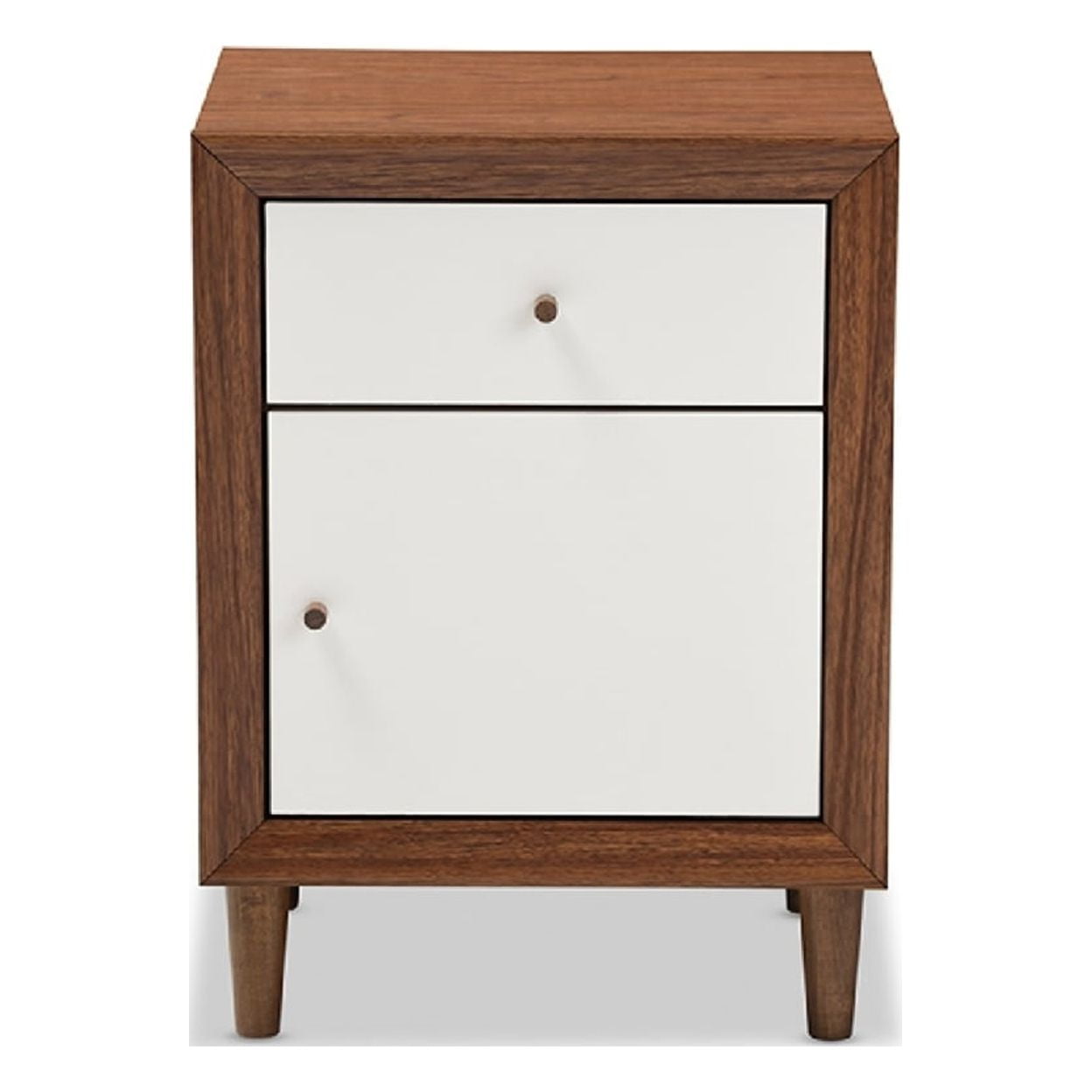 Scandinavian Mid-Century Modern White & Walnut 1-Drawer Nightstand