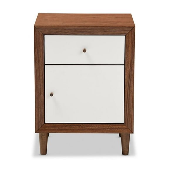 Baxton Studio Harlow Mid-century Modern Scandinavian Style White and Walnut Wood 1-drawer and 1-door Nightstand