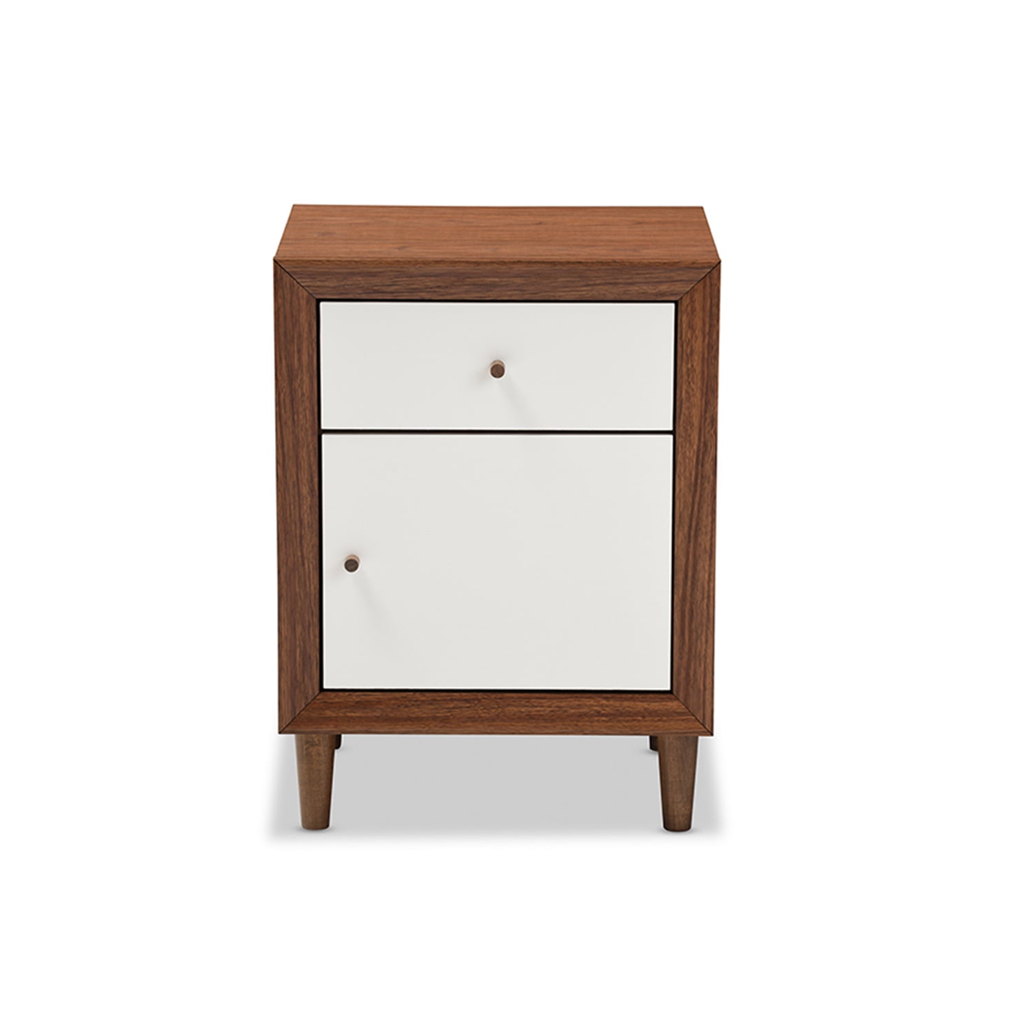 Scandinavian Mid-Century Modern White & Walnut 1-Drawer Nightstand