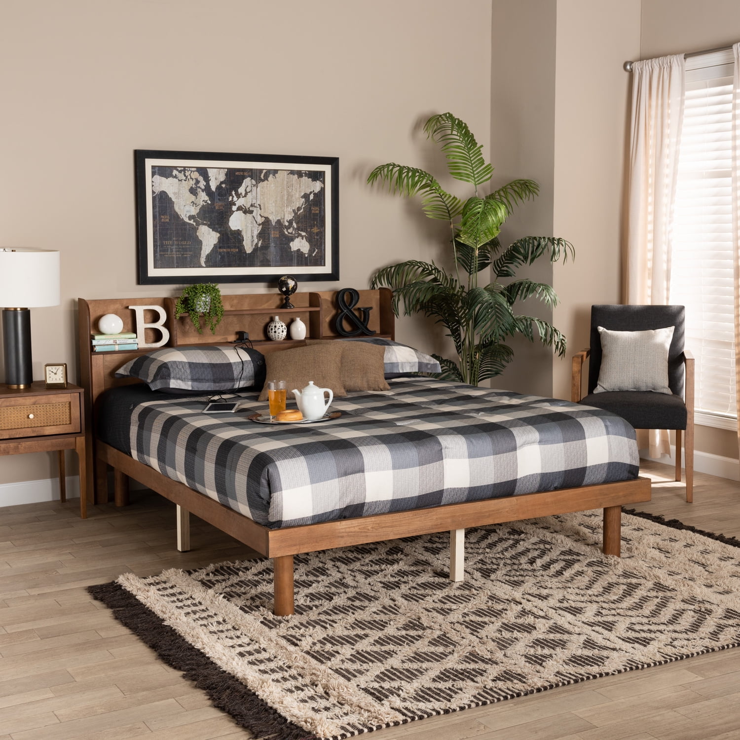 Walnut Brown Queen Wood Platform Bed with Shelved Headboard