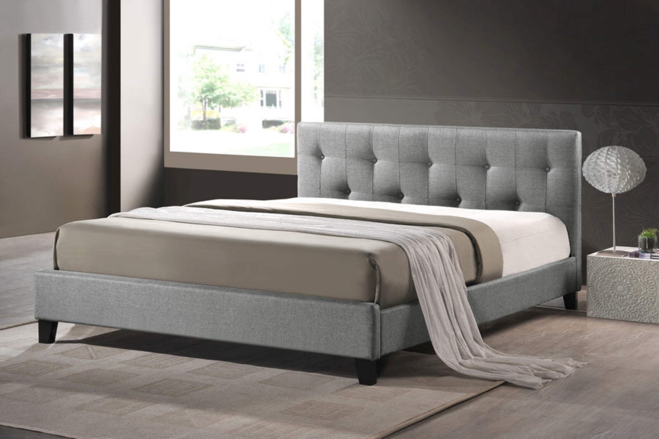 Harriette Mid-Century Linen Upholstered Full Bed with Tufted Headboard