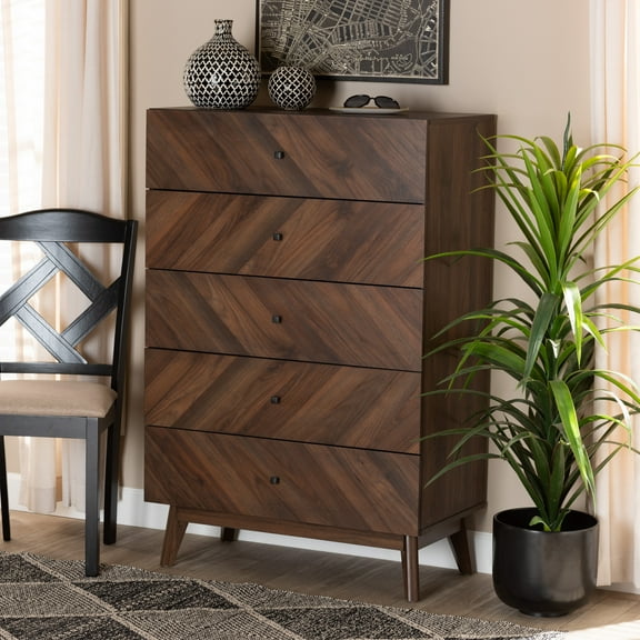 Baxton Studio Hartman Mid-Century Modern Walnut Brown Finished Wood 5-Drawer Storage Chest
