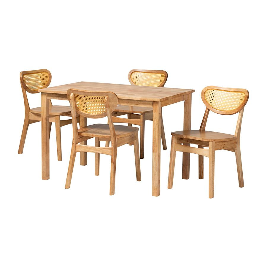 Mid-Century Oak Brown Wood and Rattan 5-Piece Dining Set