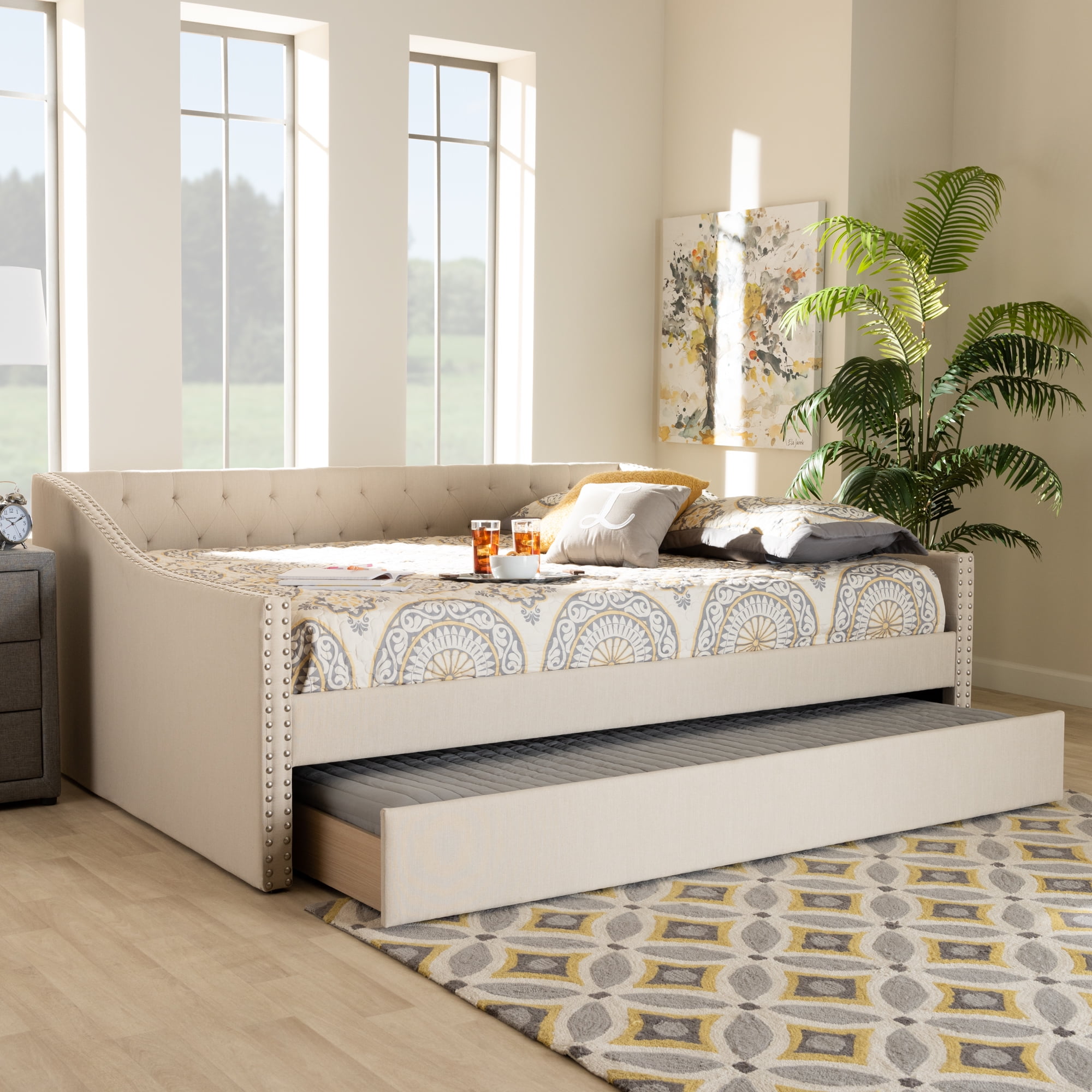 Baxton Studio Haylie Beige Upholstered Queen Size Daybed with Roll-Out Trundle Bed
