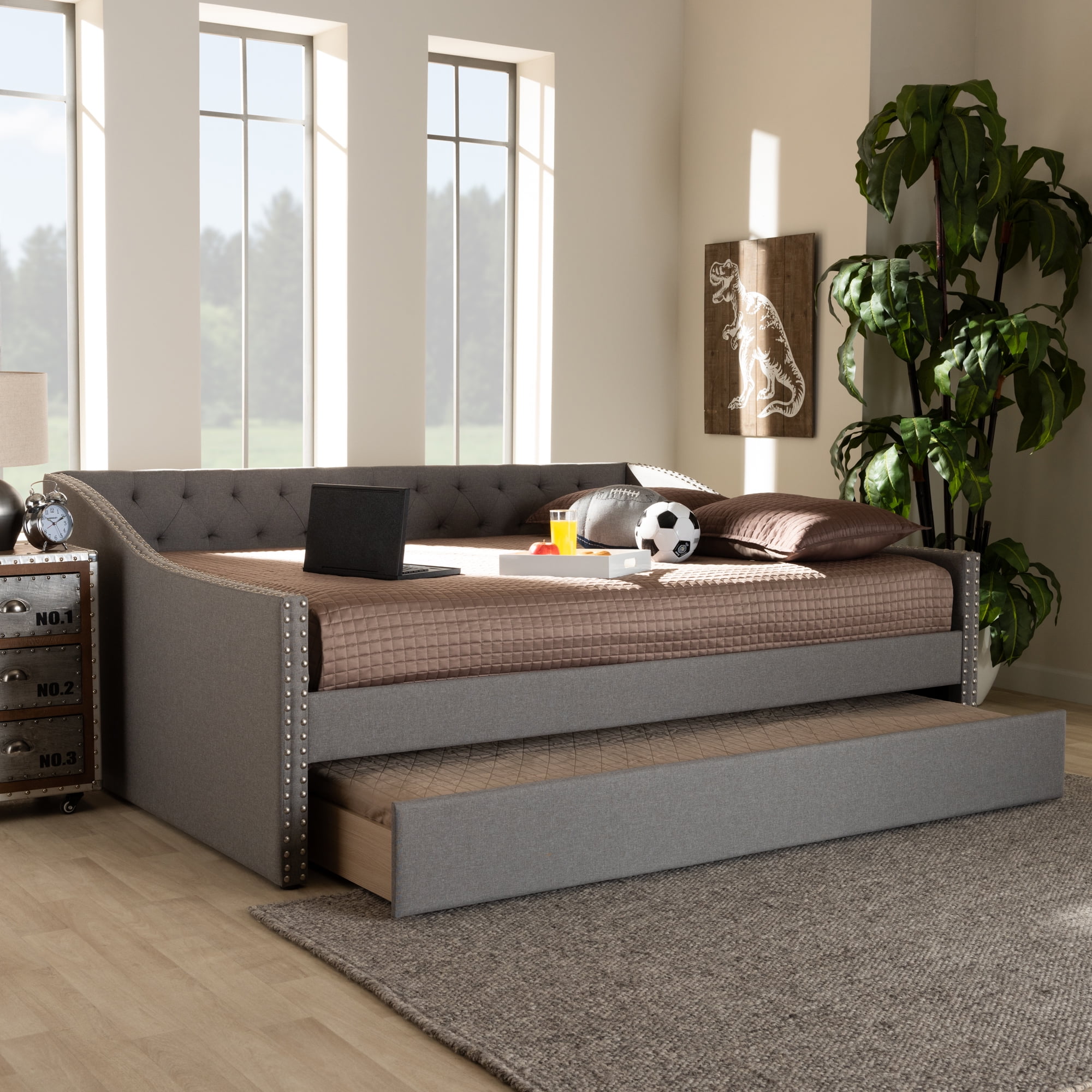 Baxton Studio Haylie Light Gray Upholstered Full Size Daybed with Roll-Out Trundle Bed