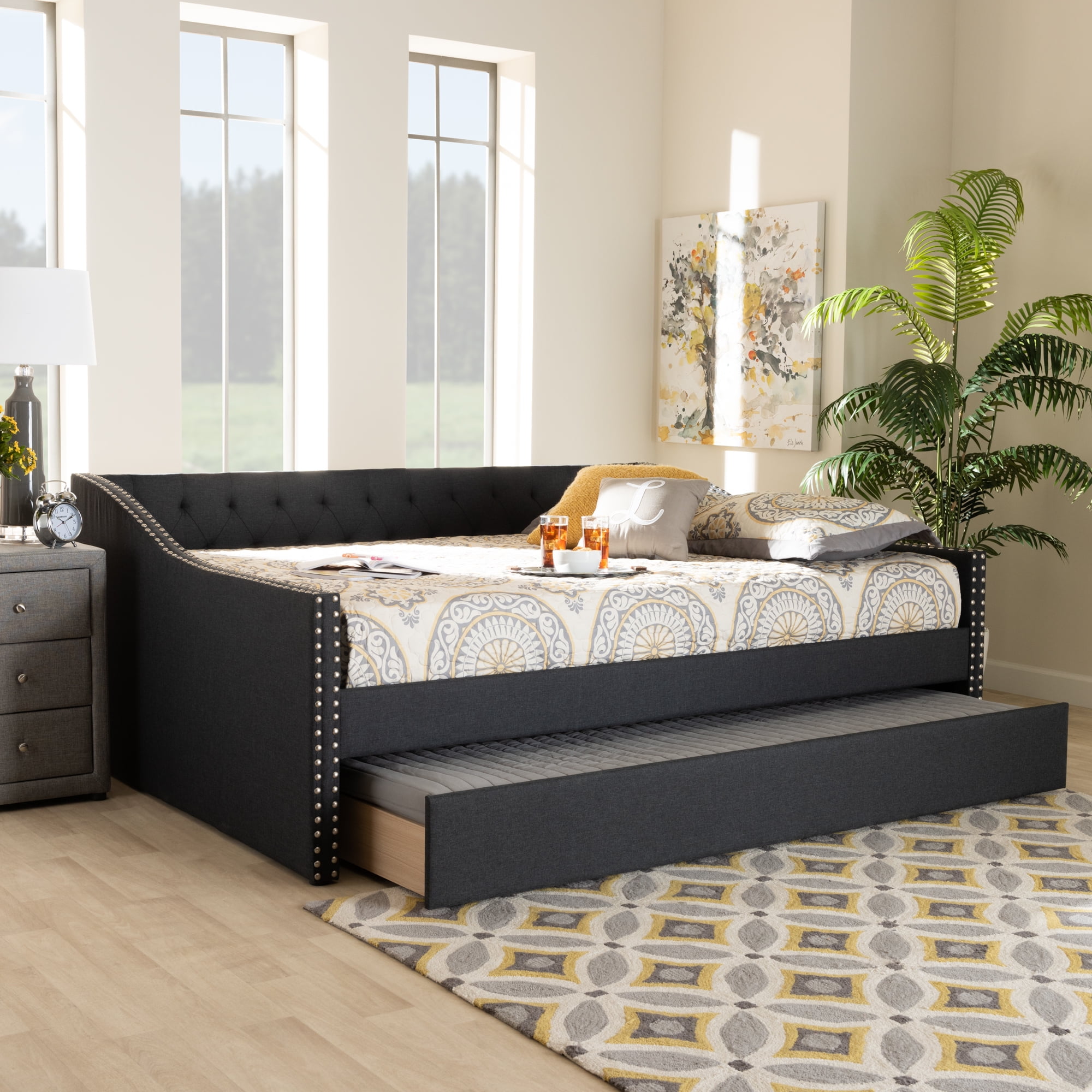Baxton Studio Haylie Modern and Contemporary Dark Gray Fabric Upholstered Full Size Daybed with Roll-Out Trundle Bed