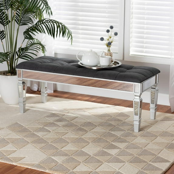 Wholesale Interiors Baxton Studio Hedia Contemporary Glam and Luxe Grey Fabric Upholstered and Silver Finished Wood Accent Bench