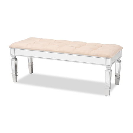 Baxton Studio Hedia Glam and Luxe Upholstered Wood Accent Bench with Buscuit Tuffing Beige, Silver