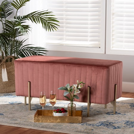 Baxton Studio Helaine Upholstered Bench with Metal Legs, Blush