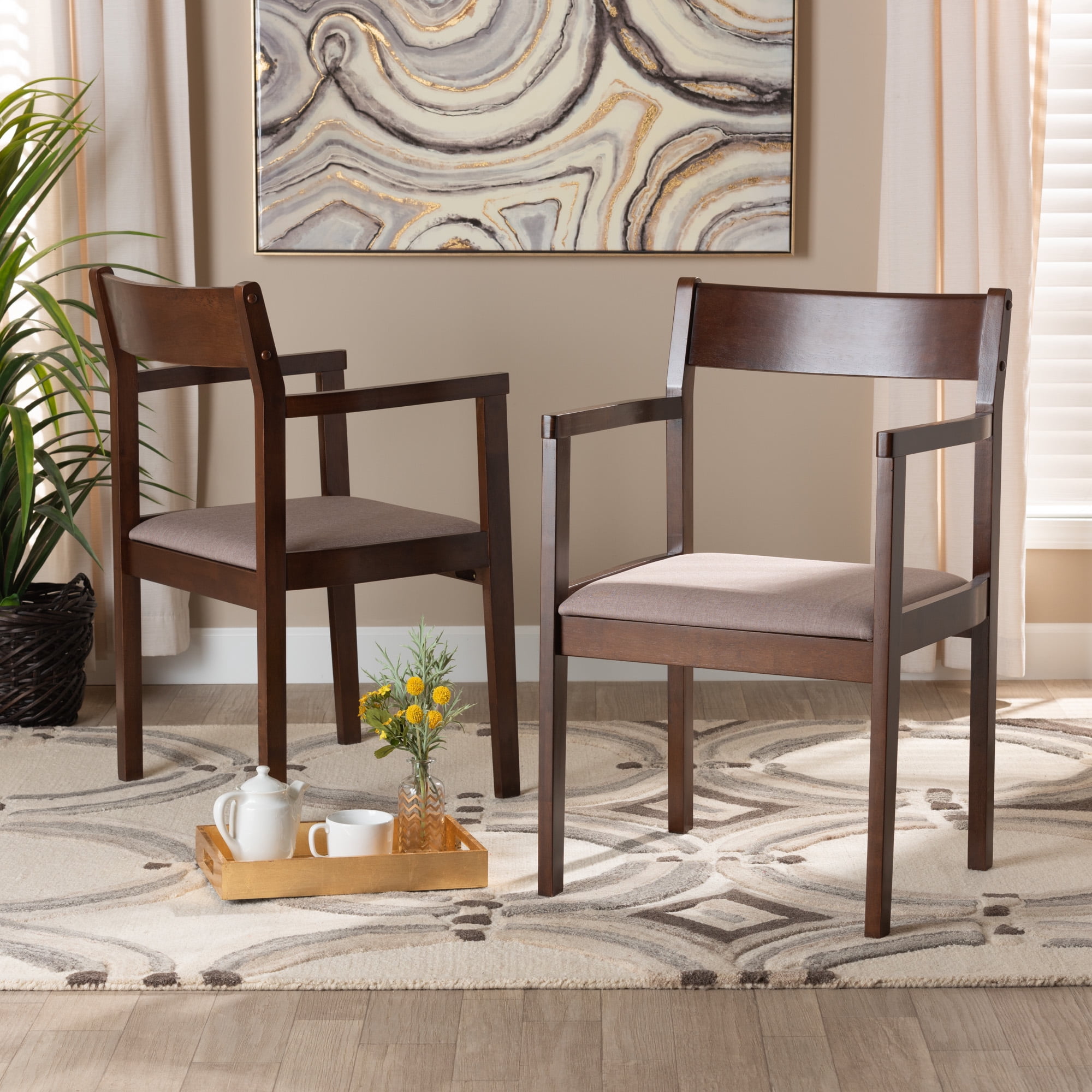 Baxton Studio Helene Mid-Century Modern Warm Grey Fabric and Dark Brown Finished Wood 2-Piece Dining Chair Set