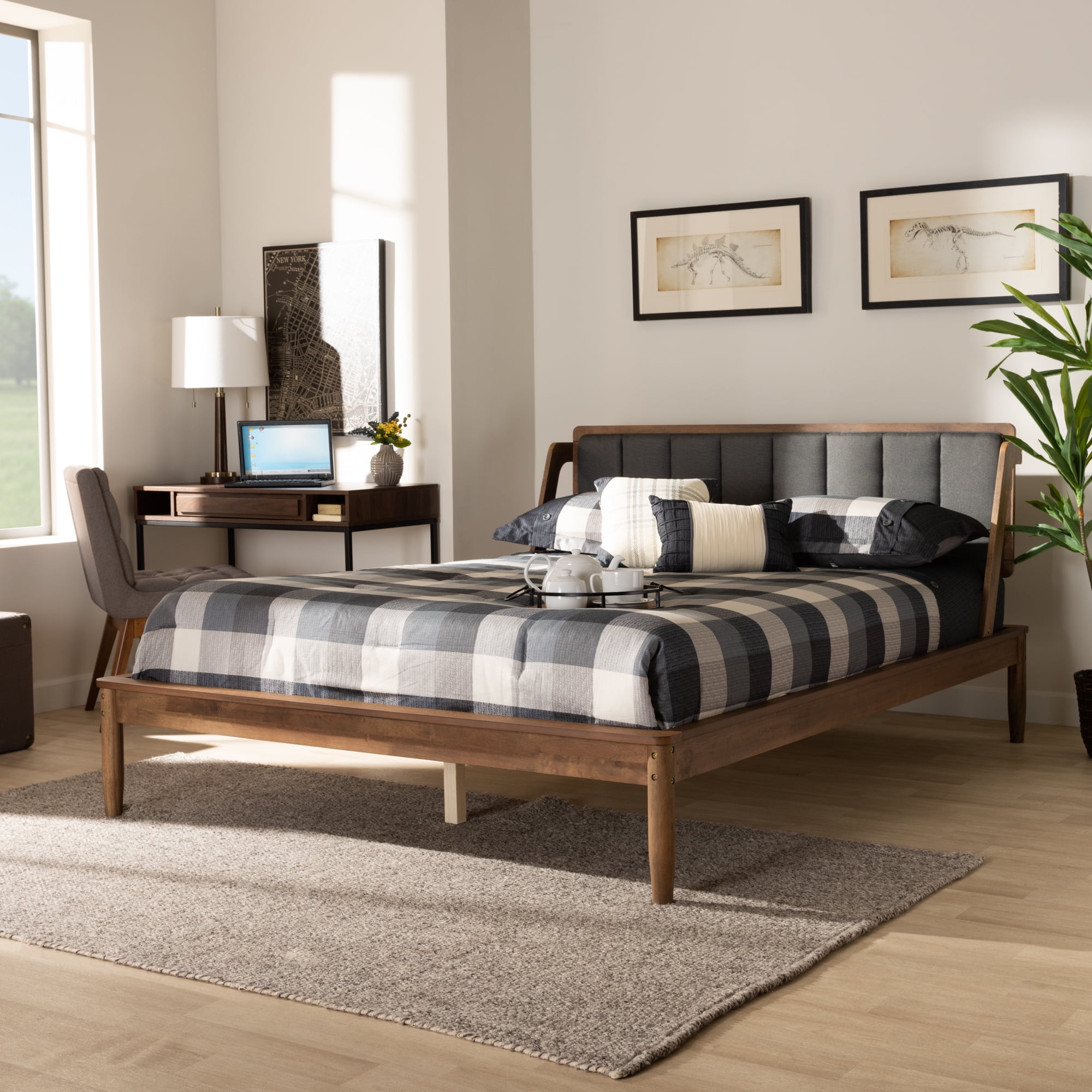 Baxton Studio Helsa Queen Size Linen Platform Bed, Walnut