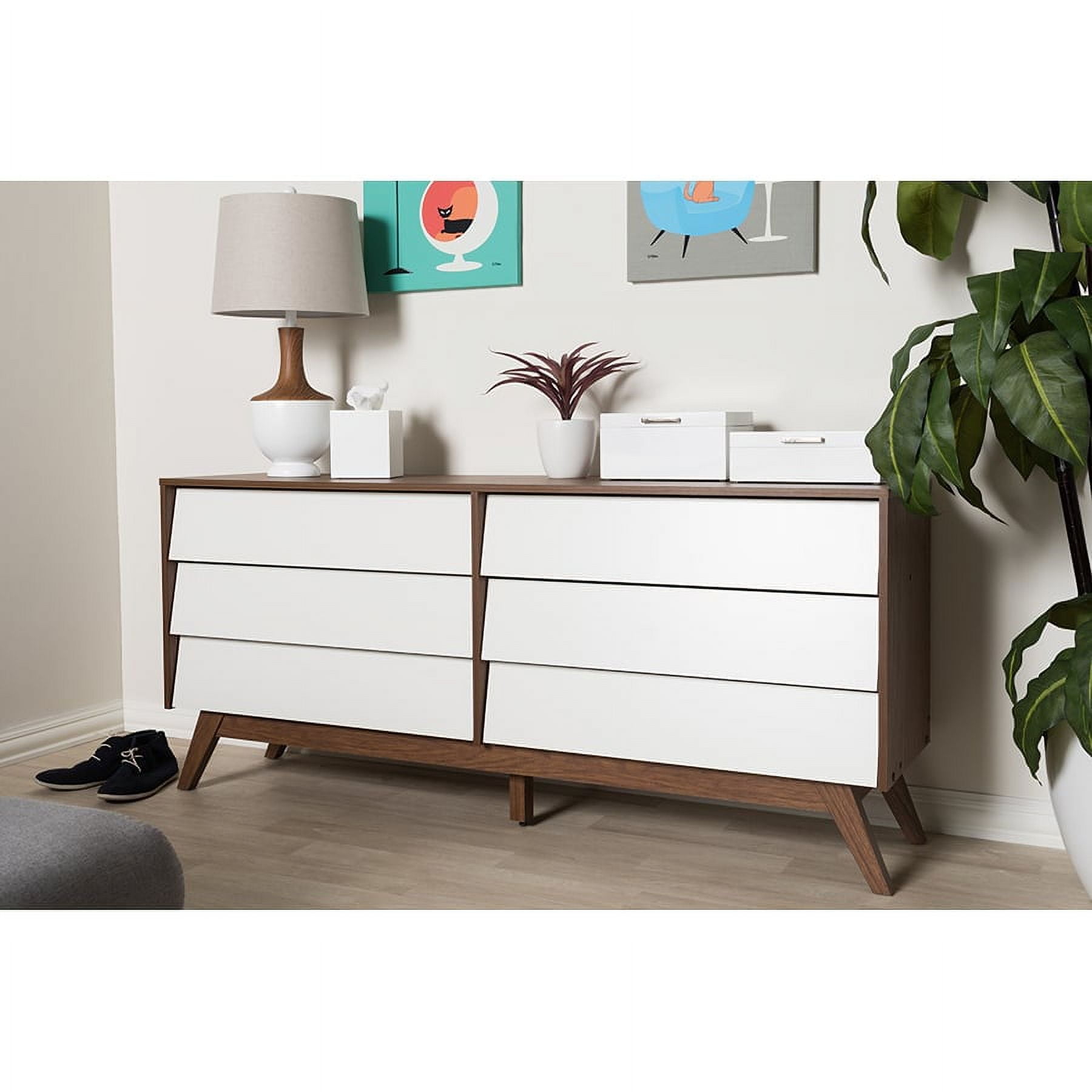 Baxton Studio Hildon Mid Century Modern White and Walnut Wood 6 Drawer Storage Dresser