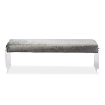 Baxton Studio Hildon Modern and Contemporary Gray Microsuede Fabric Upholstered Lux Bench with Paneled Acrylic Legs