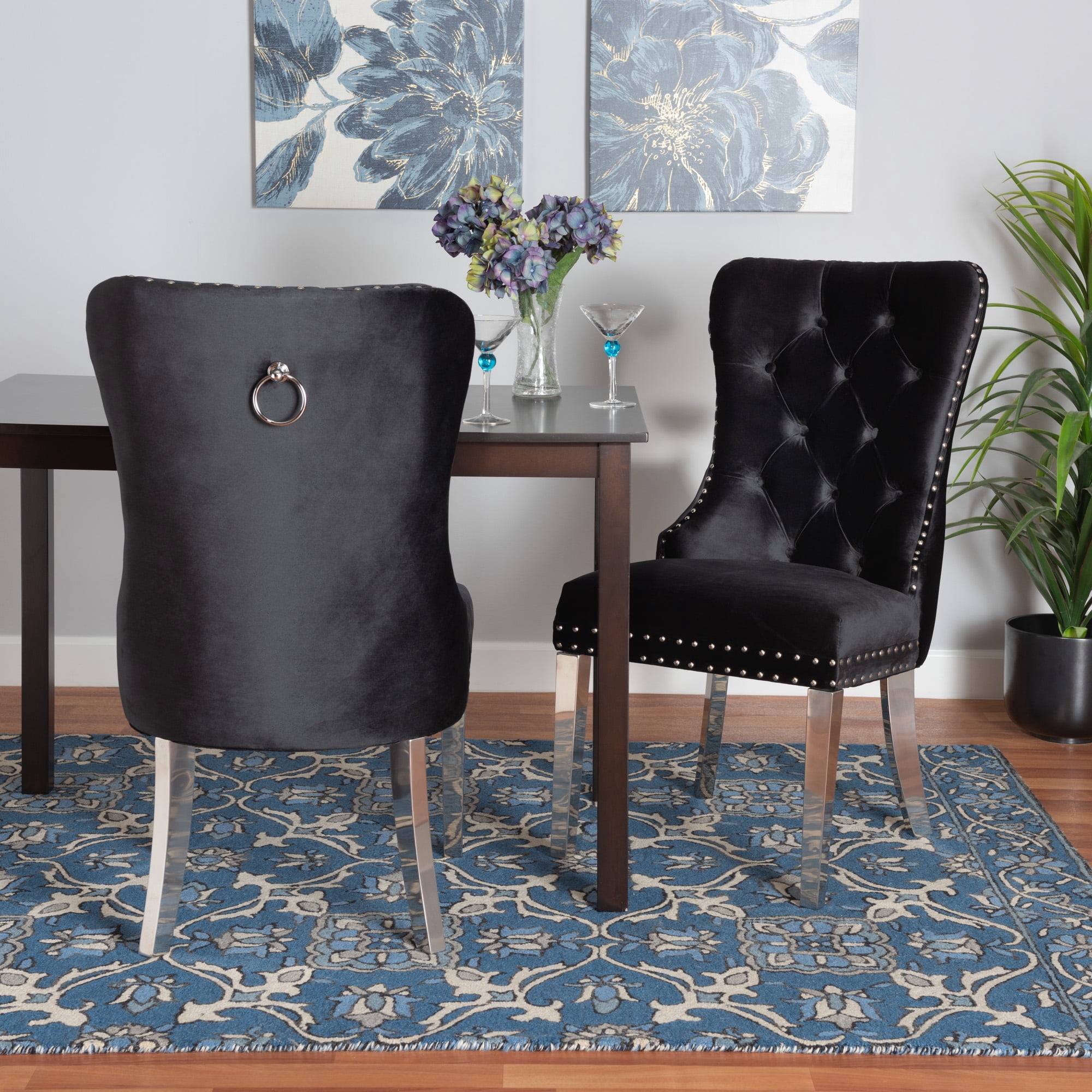 Baxton Studio Honora Contemporary Glam and Luxe Black Velvet Fabric and Silver Metal 2-Piece Dining Chair Set