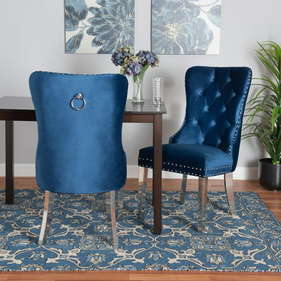 Baxton Studio Honora Contemporary Glam and Luxe Navy Blue Velvet Fabric and Silver Metal 2-Piece Dining Chair Set