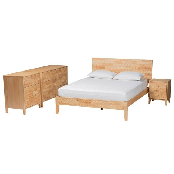 Baxton Studio Hosea Carved Honeycomb Natural King Size 4-Piece Bedroom Set