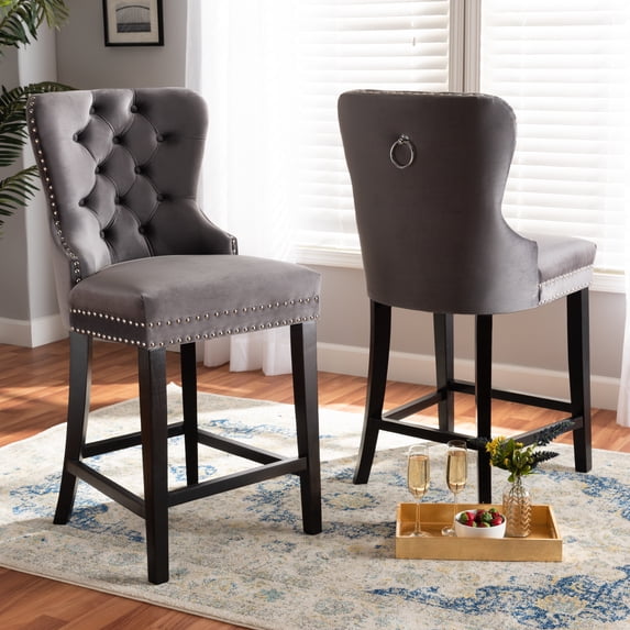 Baxton Studio Howell Modern Transitional Grey Velvet Upholstered and Dark Brown Finished Wood 2-Piece Counter Stool Set