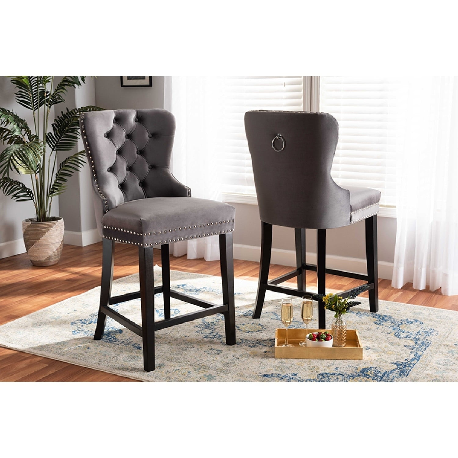 Gray Velvet and Dark Brown Wood Quilted Counter Stools, Set of 2