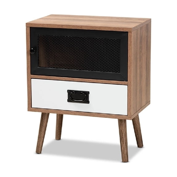 Baxton Studio Hubbard Mid-Century Modern Two-Tone Natural Brown and White Finished Wood and Black Metal 1-Drawer