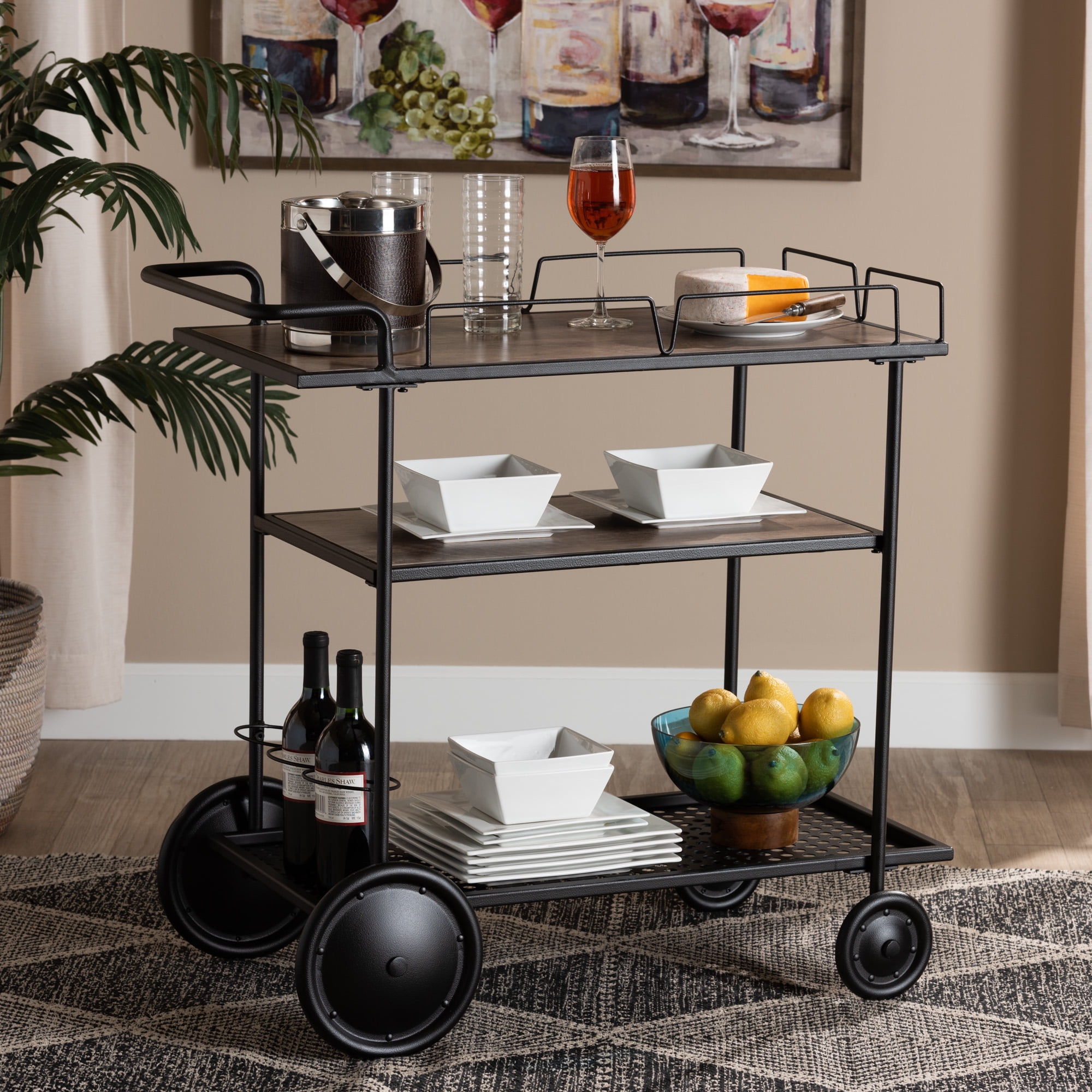 Baxton Studio Huntley Modern Industrial Walnut Brown Finished Wood and Black Metal Mobile Wine Cart