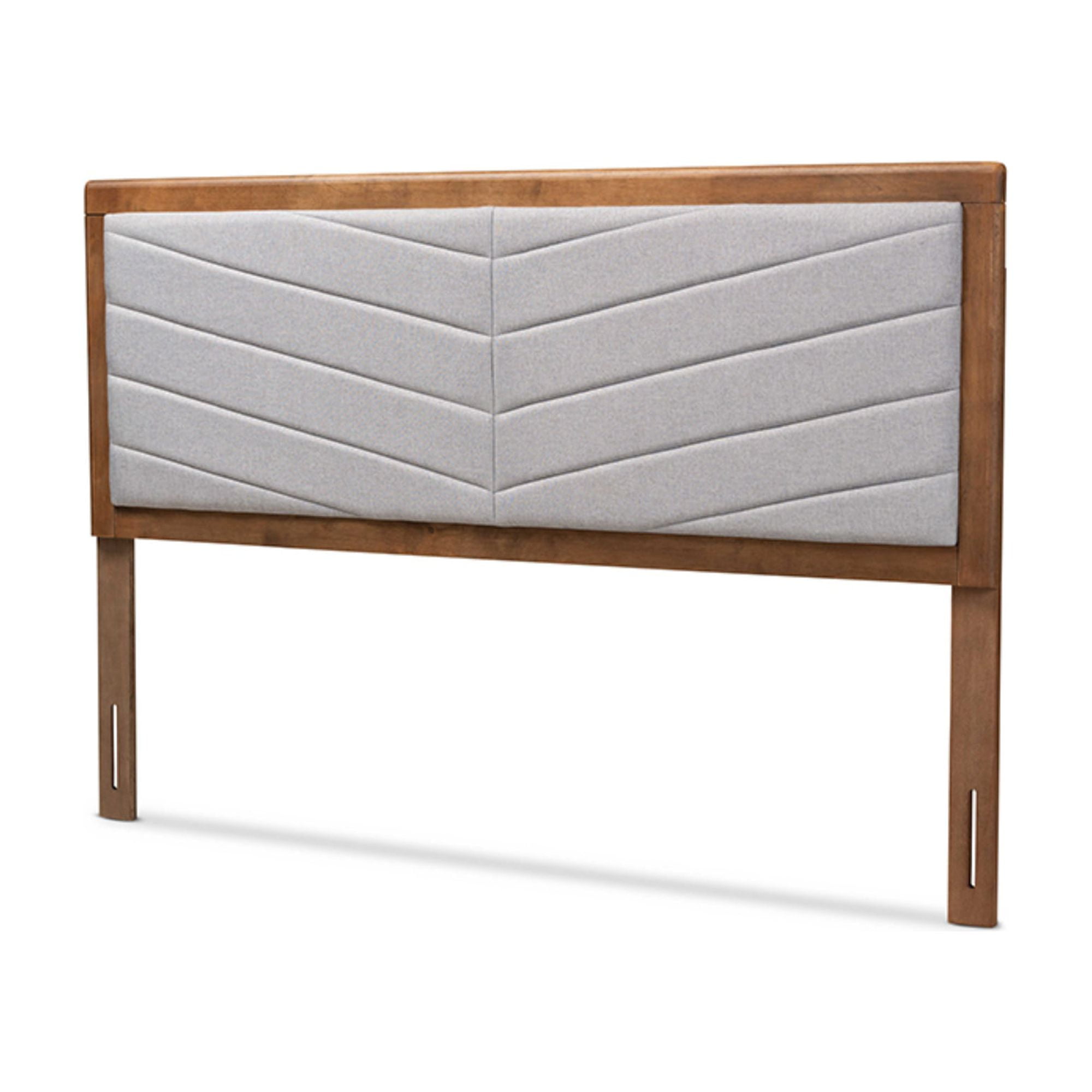Light Grey Chevron Tufted Fabric and Walnut Wood Full Headboard