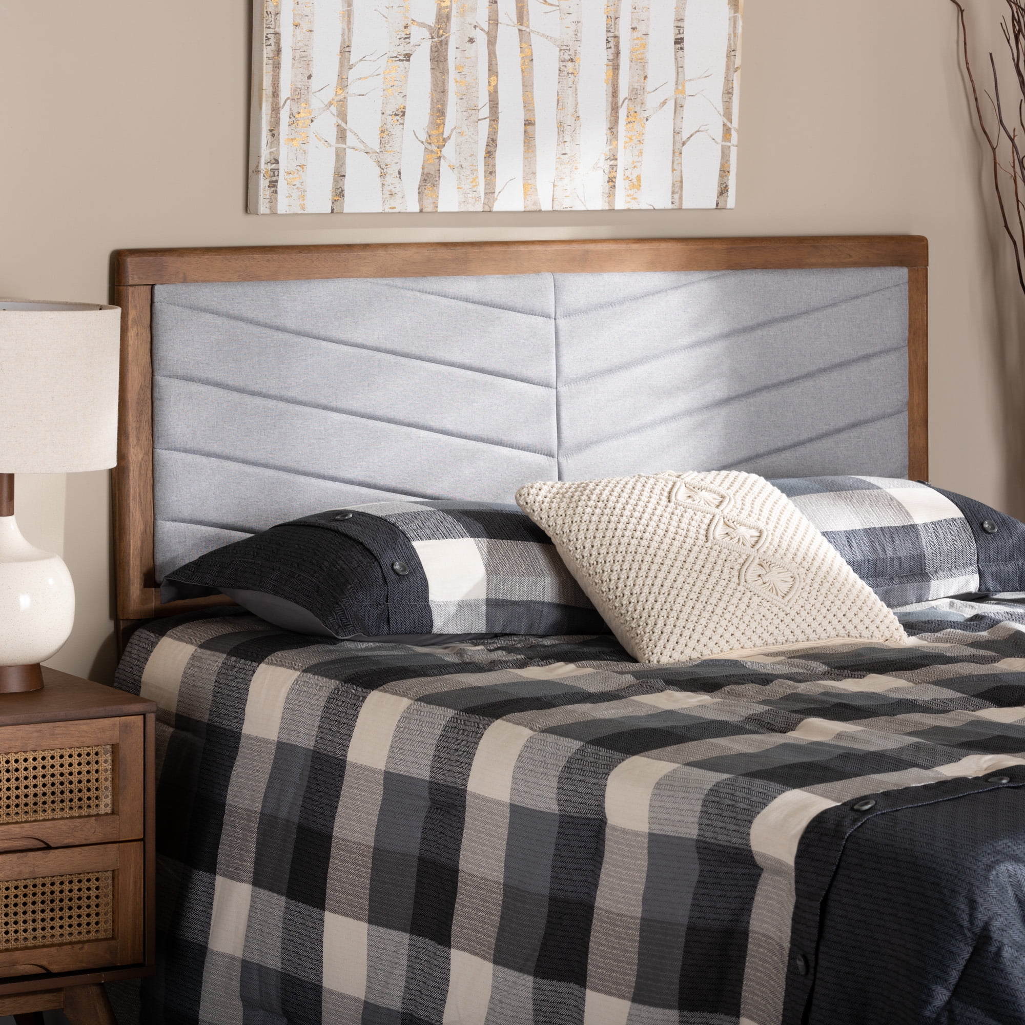 Baxton Studio Iden Modern and Contemporary Light Grey Fabric Upholstered and Walnut Brown Finished Wood King Size Headboard