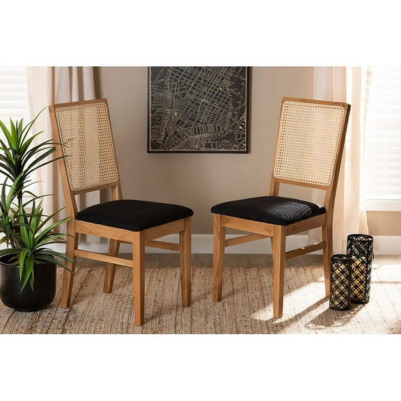 Baxton Studio Idris Mid-Century Modern Black Fabric Upholstered and Oak brown Finished 2-Piece Rattan Dining Chair Set