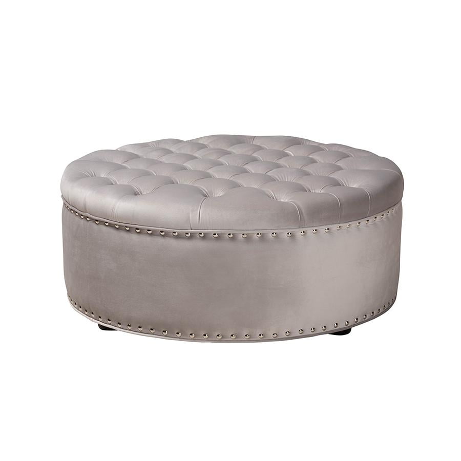 Light Gray Velvet Tufted Round Ottoman with Eucalyptus Frame