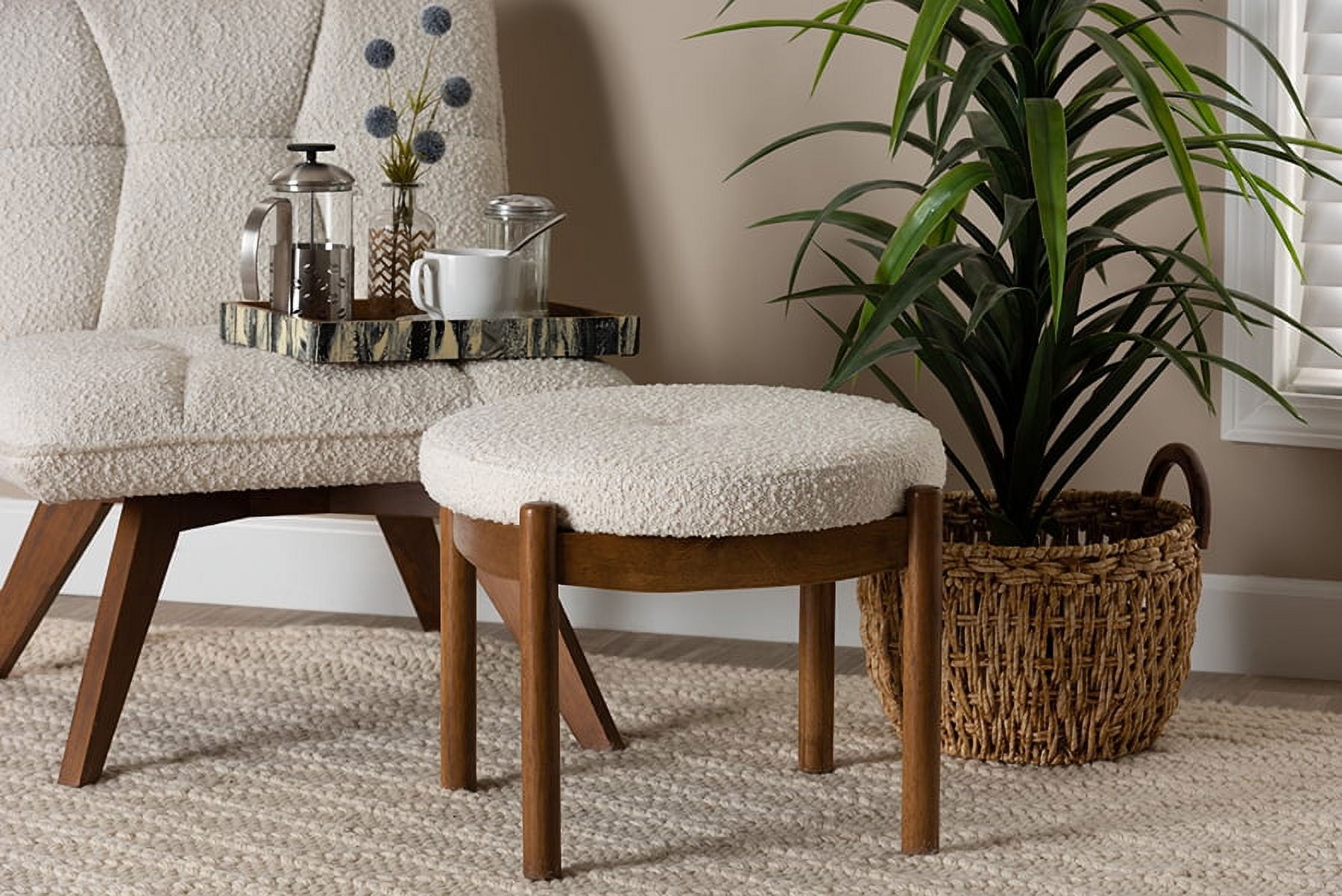 Baxton Studio Iliana Japandi Cream Boucle Fabric and Walnut Brown Finished  Rubberwood Ottoman Footstool
