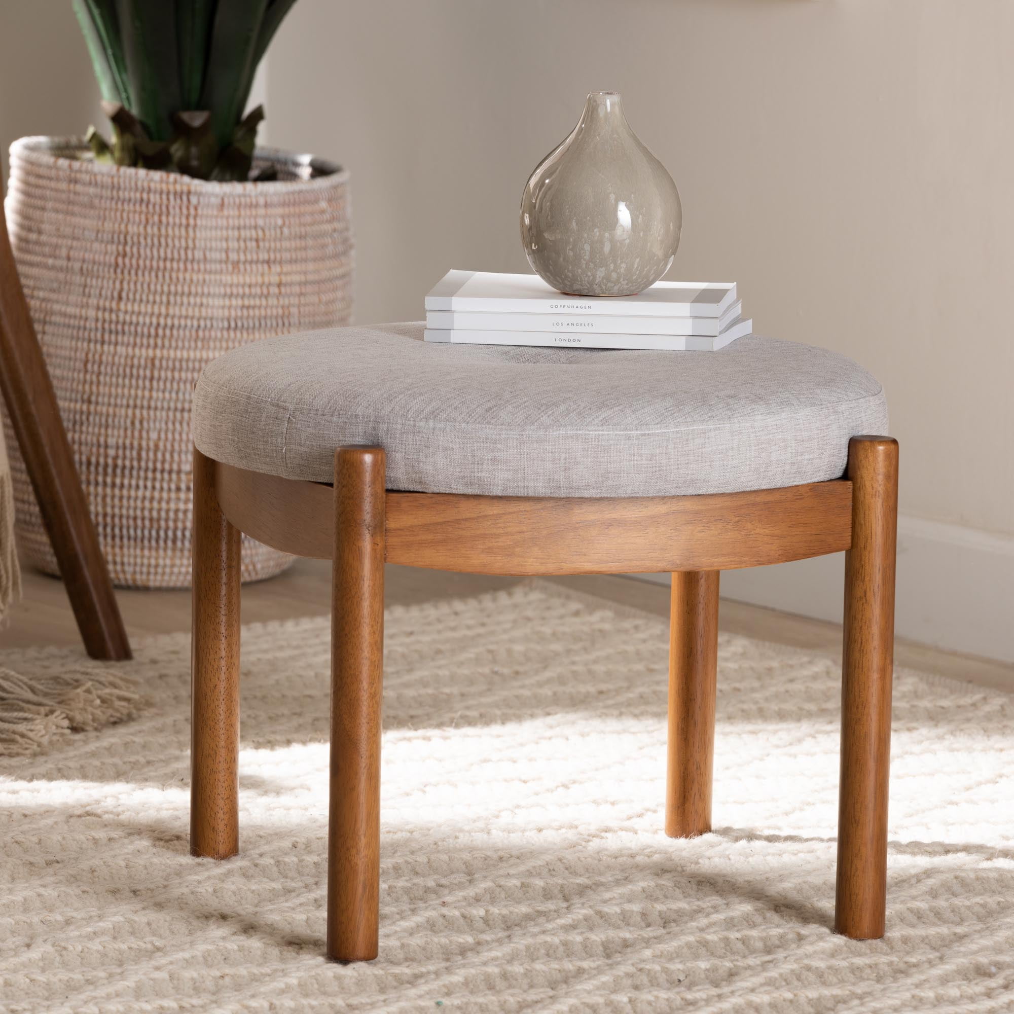 Baxton Studio Iliana Japandi Greyish Beige Fabric and Walnut Brown Finished Wood Ottoman Footstool