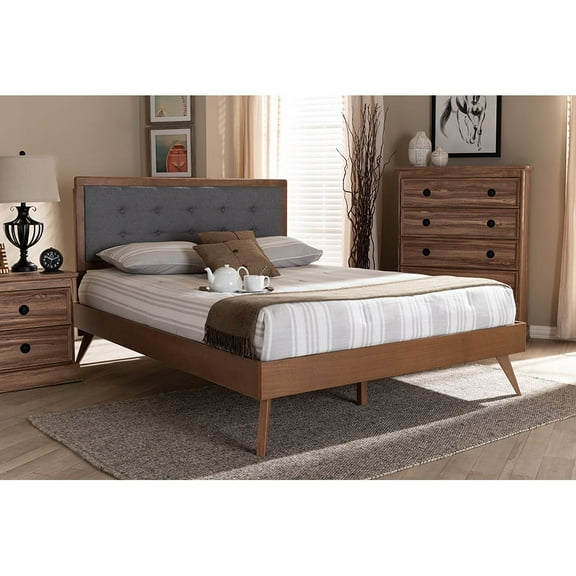Baxton Studio Ines Mid-Century Modern Dark Grey Fabric Upholstered Walnut Brown Finished Wood Full Size Platform Bed