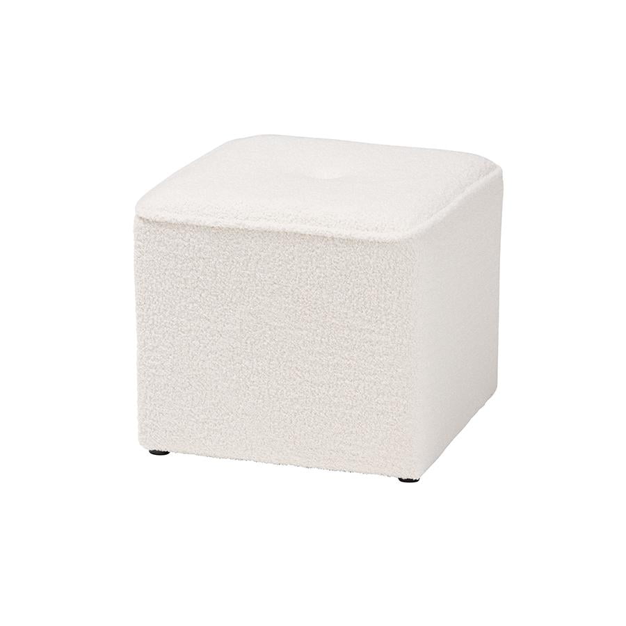 Ivory Boucle Tufted Round Ottoman with Eucalyptus Frame