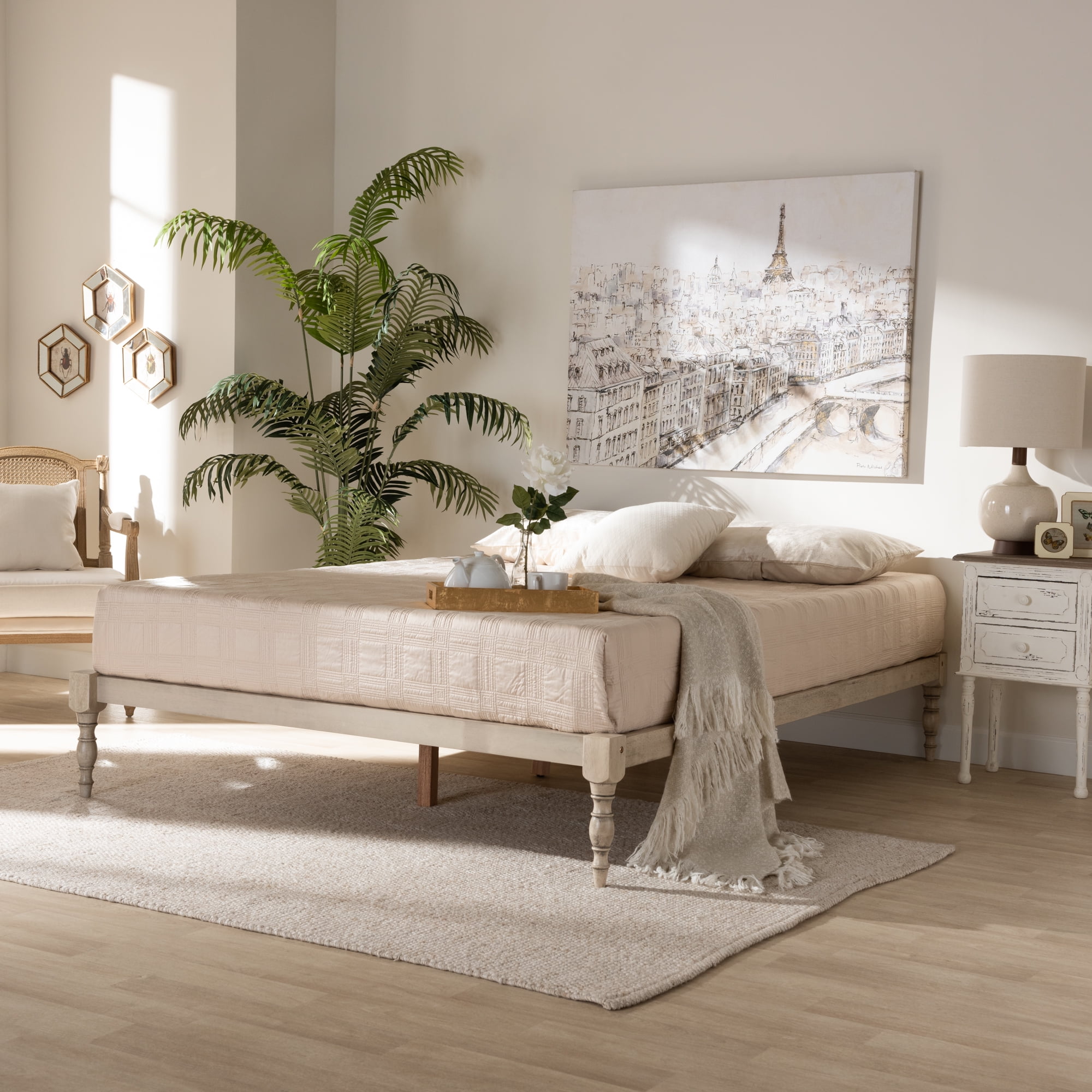 Baxton Studio Iseline Platform Wood Bed Frame, Antique White, Queen