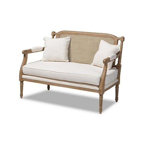 Baxton Studio Clemence French Provincial Ivory Fabric Upholstered Whitewashed Wood Loveseat