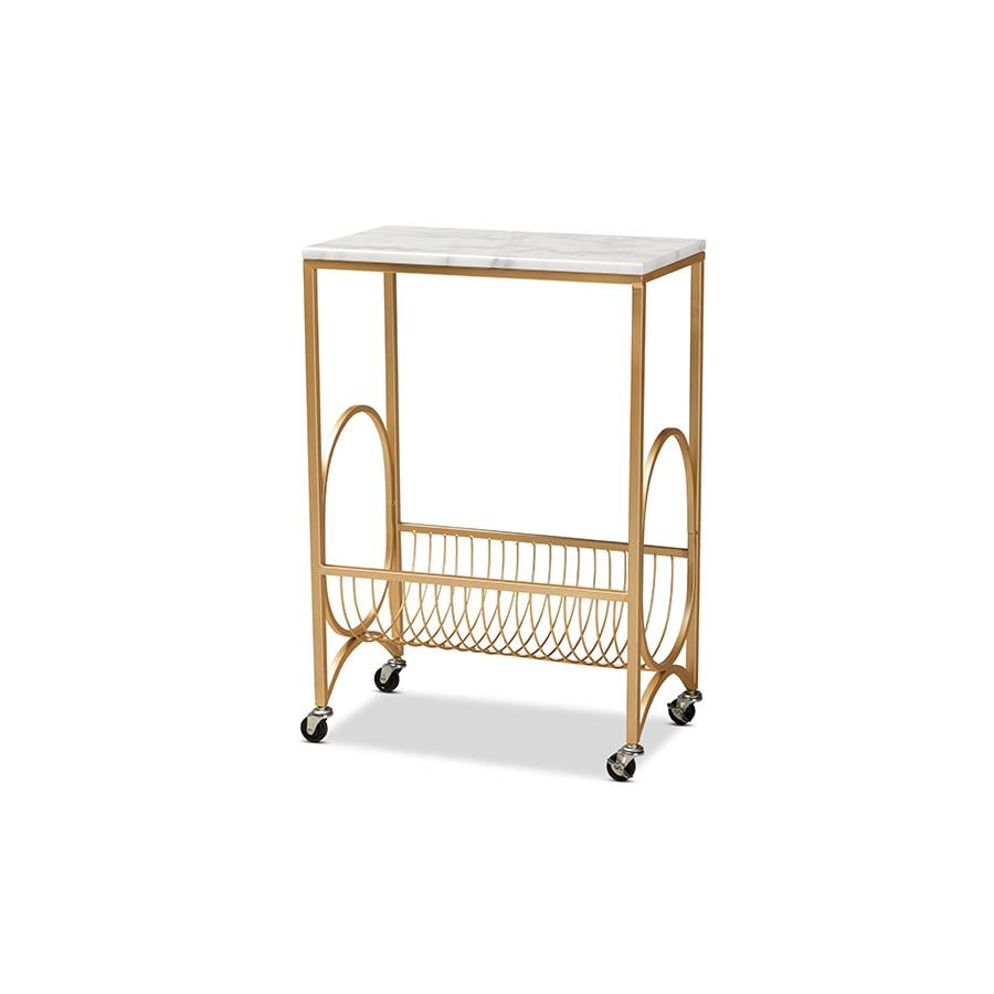 Gold Metal Wine Cart with Marble Top and Storage