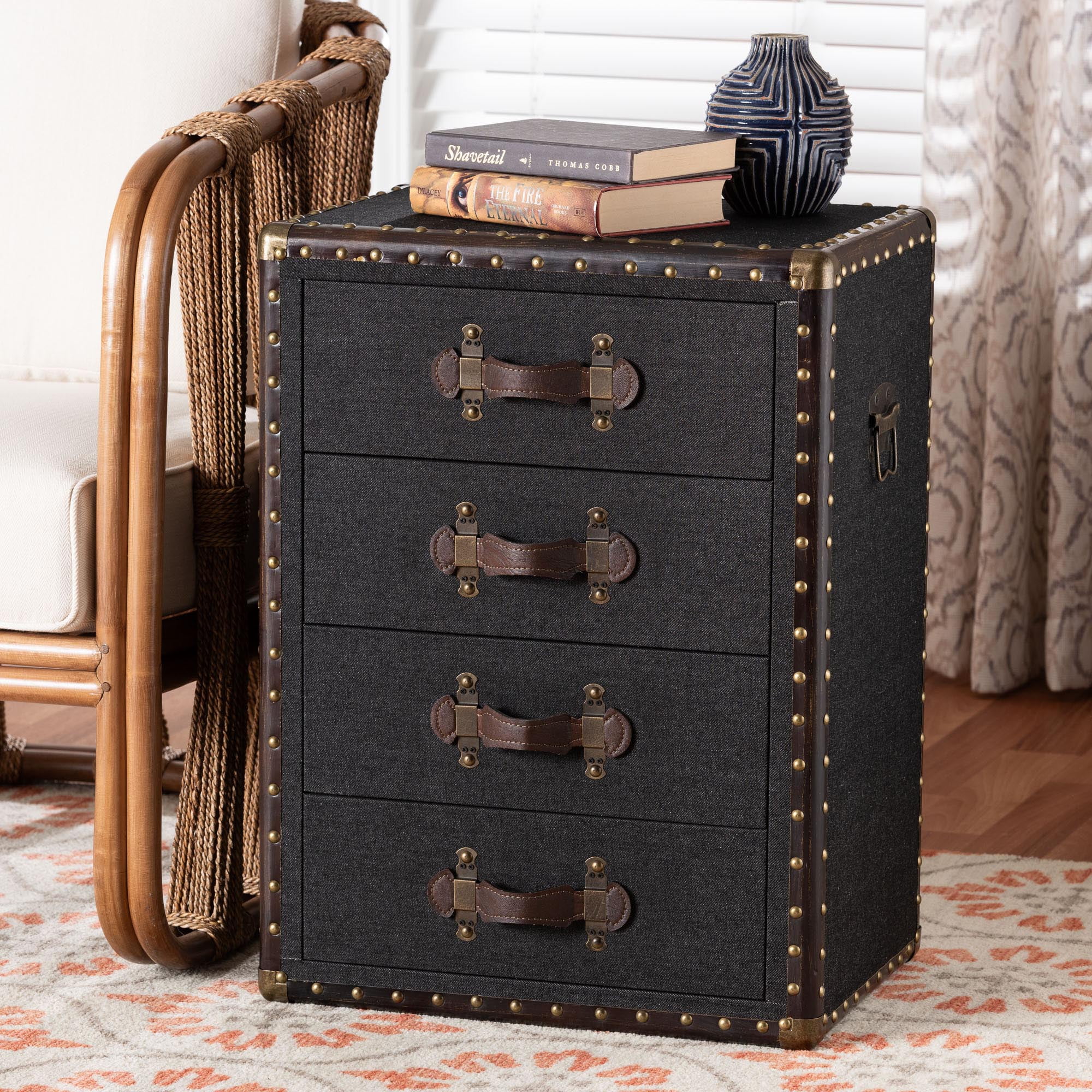 Baxton Studio Jaelyn Vintage End Table, 4-Drawer, Dark Brown
