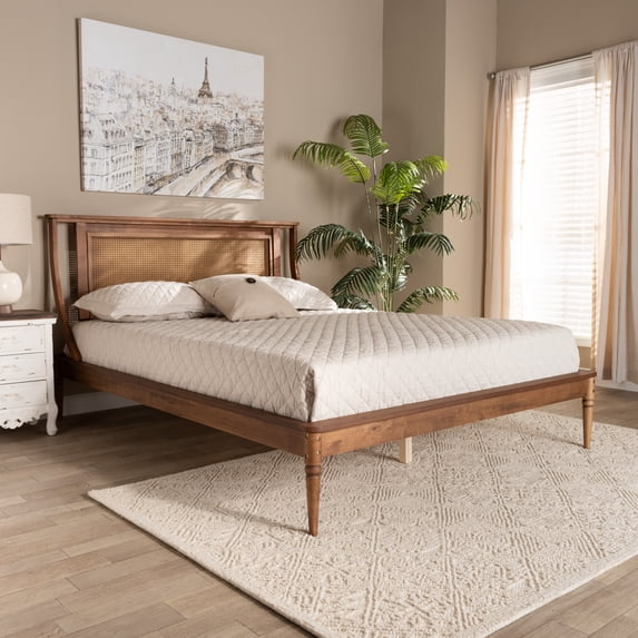 Baxton Studio Jamila Modern Transitional Walnut Brown Finished Wood and Synthetic Rattan Queen Size Platform Bed