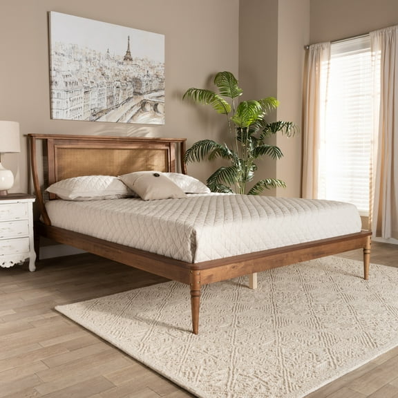 Baxton Studio Jamila Modern Transitional Walnut Brown Finished Wood and Synthetic Rattan Queen Size Platform Bed