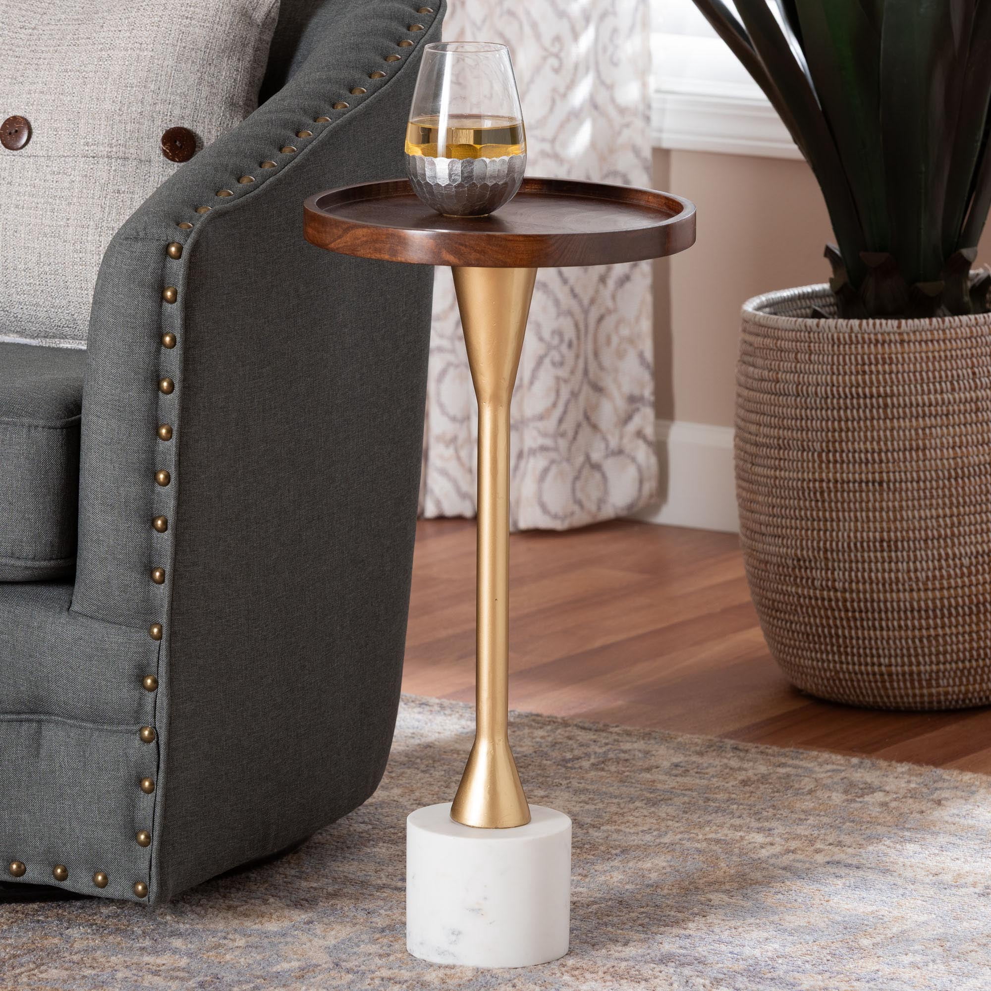 Baxton Studio Janaki Drink Table with Marble Base - Compact Pedestal Accent Table with Tray Top for Living Room or Sofa Side