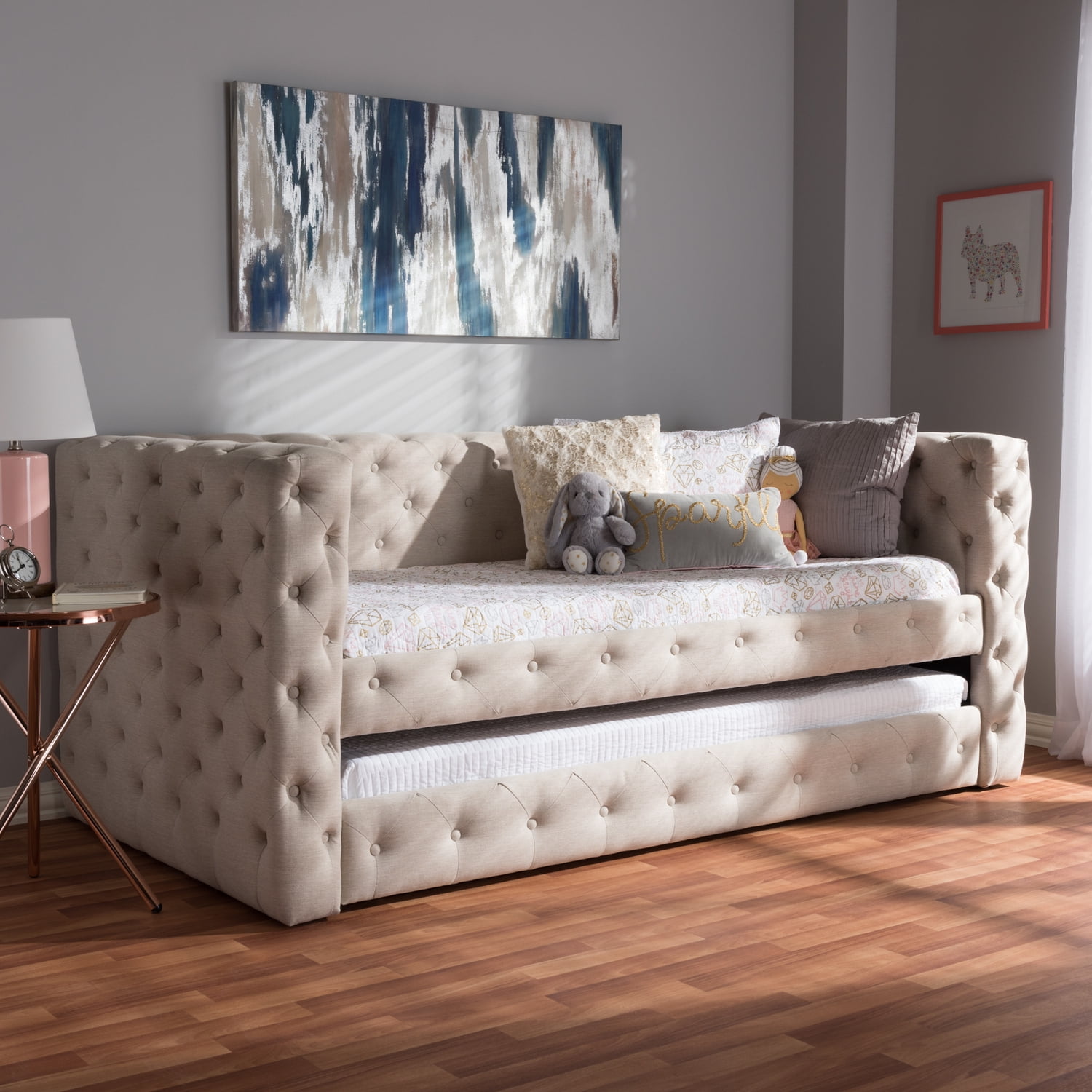 Light Beige Tufted Upholstered Twin Daybed with Trundle