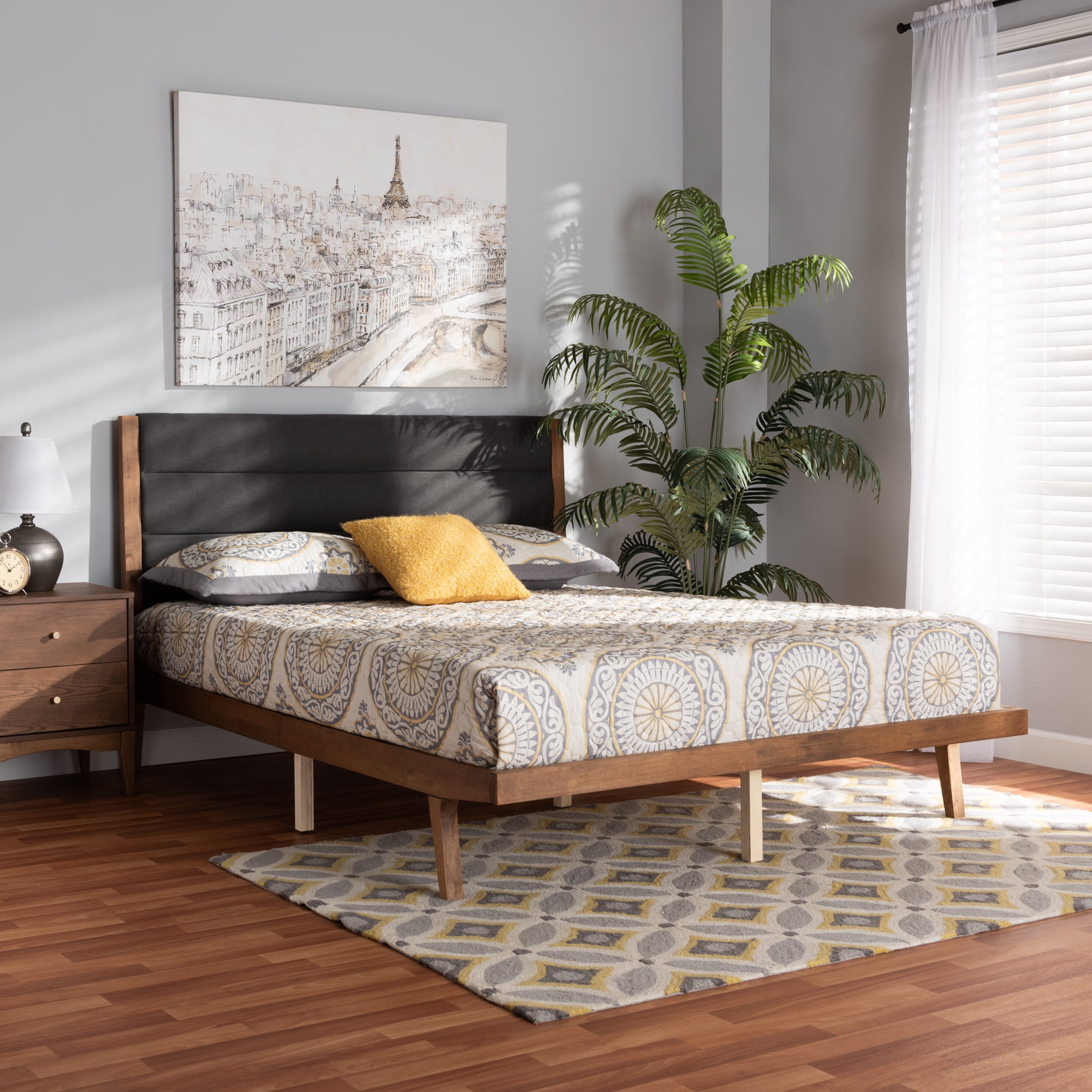 Baxton Studio Jarlan Modern and Contemporary Transitional Charcoal Fabric Upholstered and Walnut Brown Finished Wood King Size Platform Bed